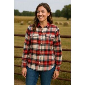 Old Navy Women's Red White Green Tartan Plaid Button-Up Boyfriend Shirt, Sm.